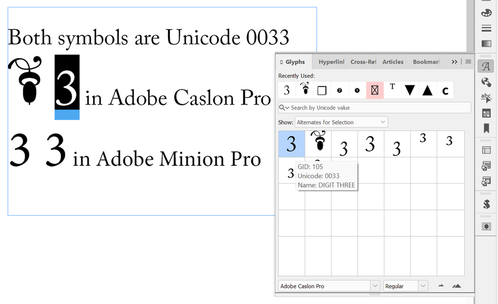 Unicode 0033 in Adobe Caslon Pro