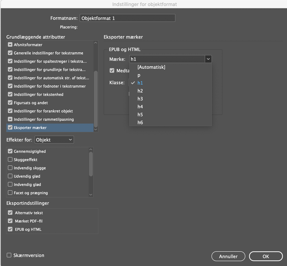 InDesign - Export style Object options