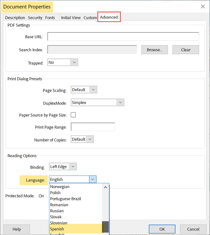 Document Properties sets the file's dominant language.