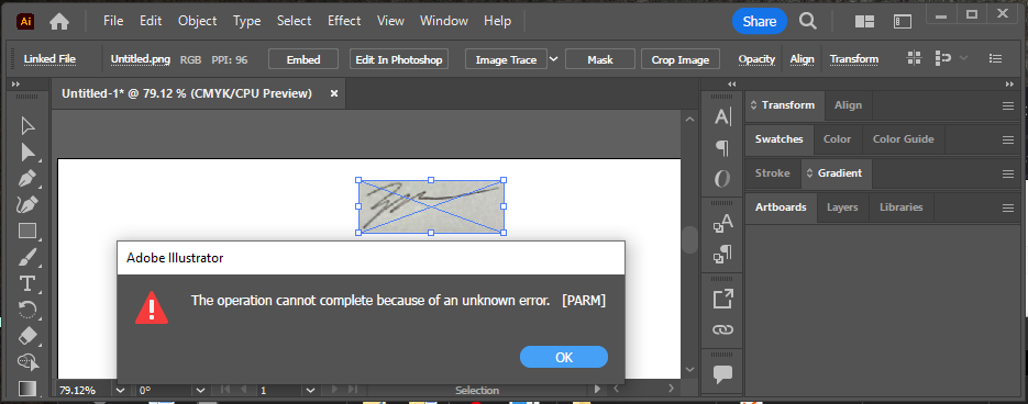 illustrator operation cannot complete because of an unknown error parm