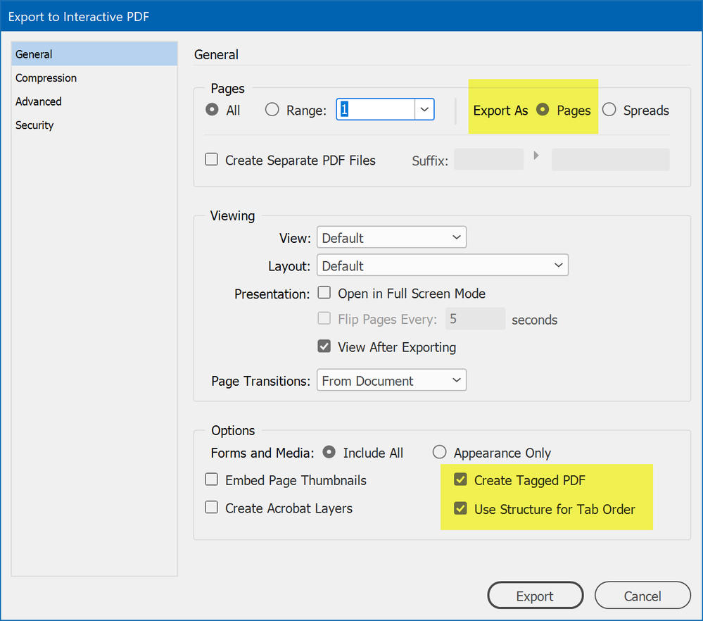 Accessibility settings for Interactive PDF.