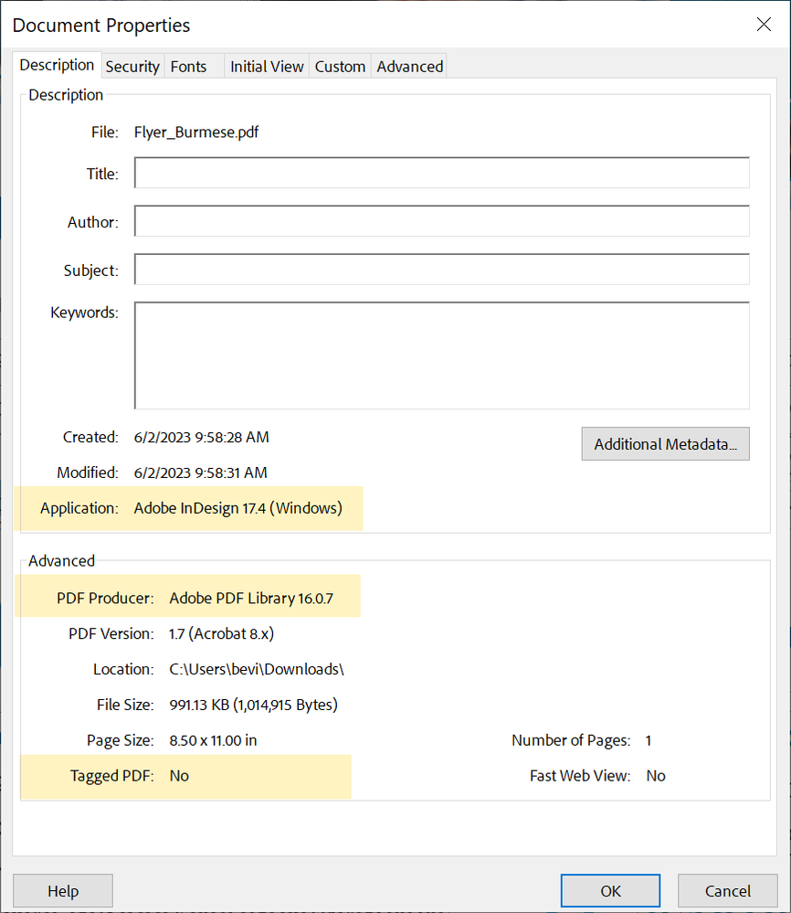 Your PDF's File/Properties.