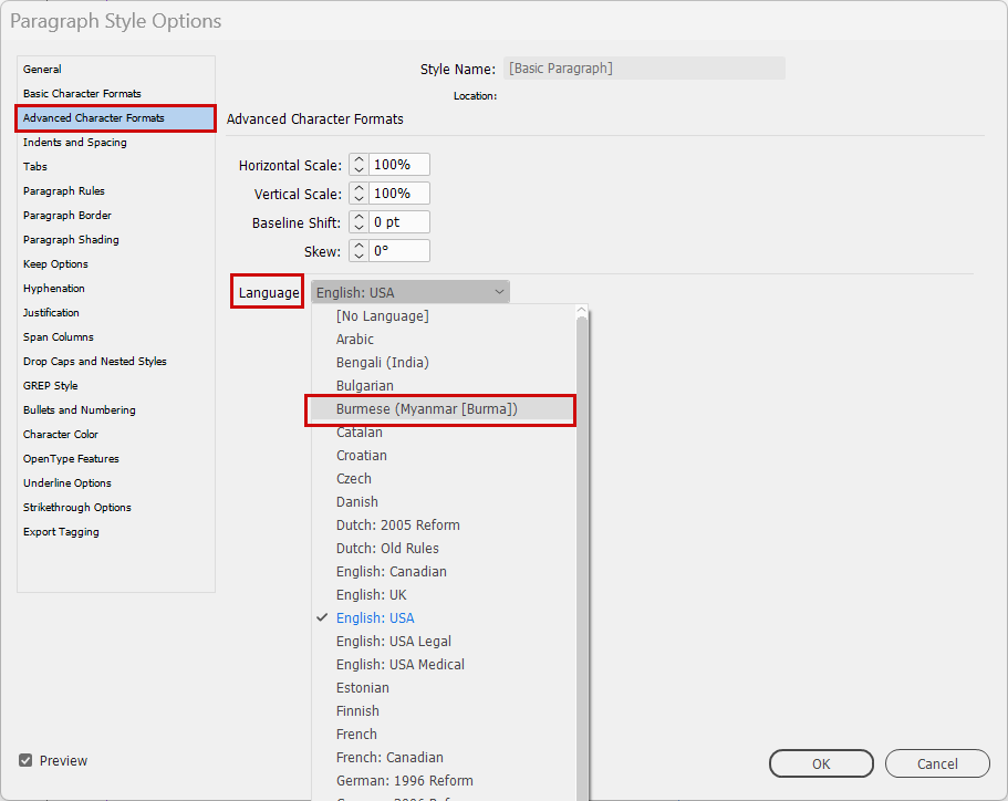 InDesign: Set the language for each paragraph style.