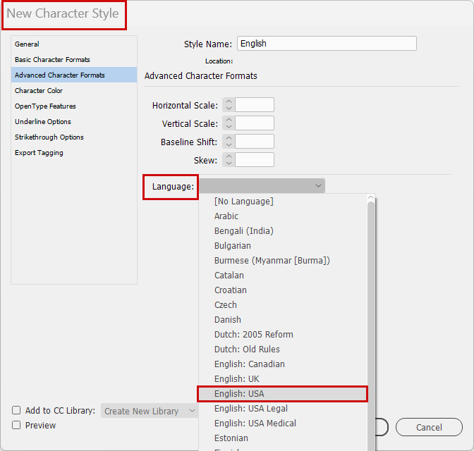 InDesign: Character style for selected words in Englilsh.