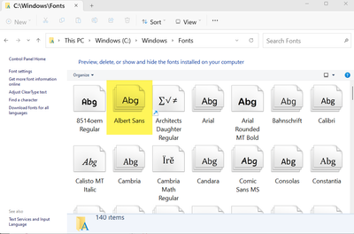 Windows Fonts folder now contains the Albert Sans font.