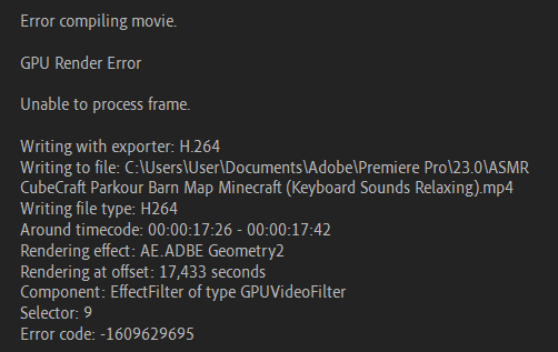 adobe premiere gpu render error unable to process frame