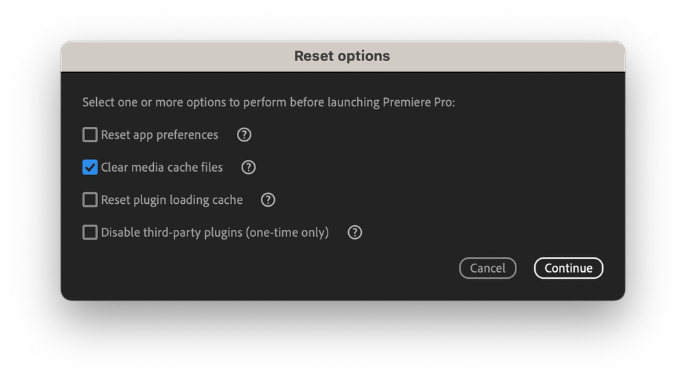 The Reset options dialog box