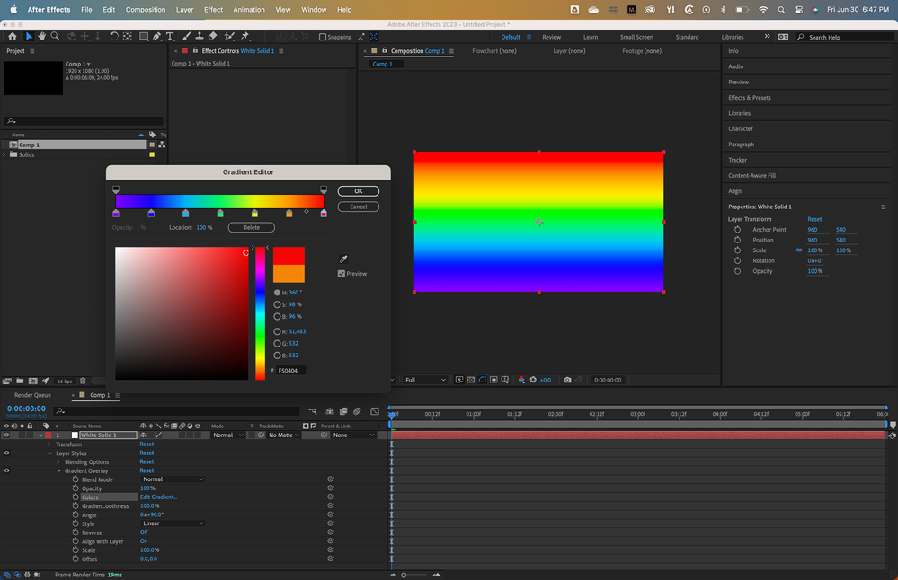 Multiple color stops set for a Gradient Overlay Layer Style applied to a Solid.