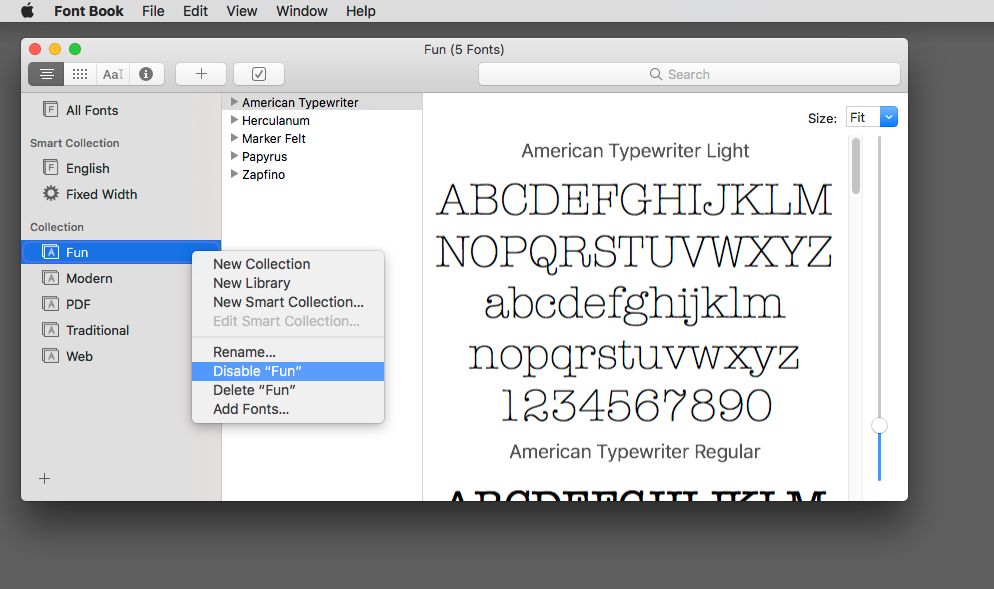 Disabling the font Collection "Fun" in macOS Font Book