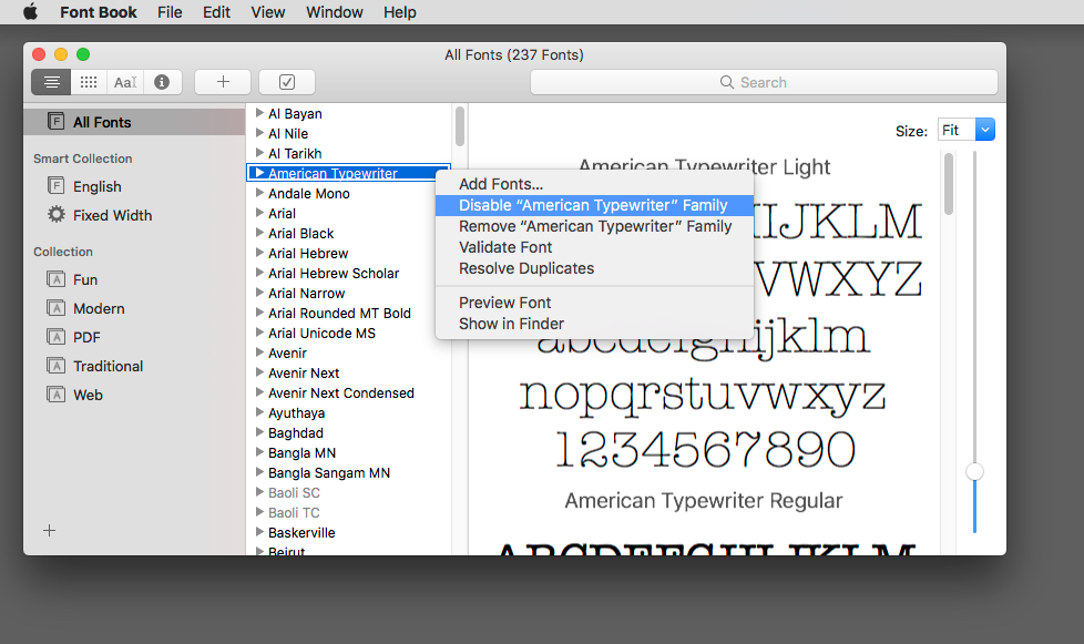 Disabling the font "American Typewriter" in macOS Font Book