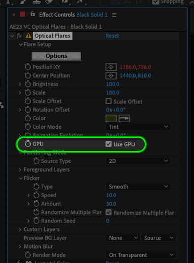After Effects 2023 > Effect Controls > Optical Flares > GPU > Use GPU