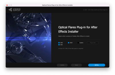 Video Copilot Optical Flares plug-in for After Effects Installer > Select which versions of Adobe After Effects to install