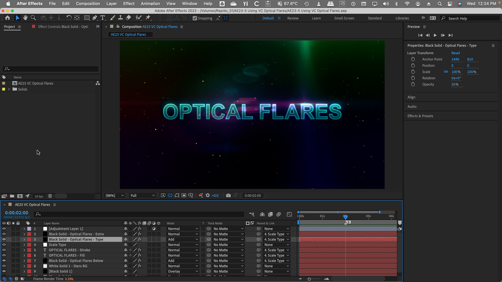 After Effects 23.5 under macOS 12.6.7 with Video Copilot Optical Flares applied to multiple Layers on Intel based 2017 iMac Pro