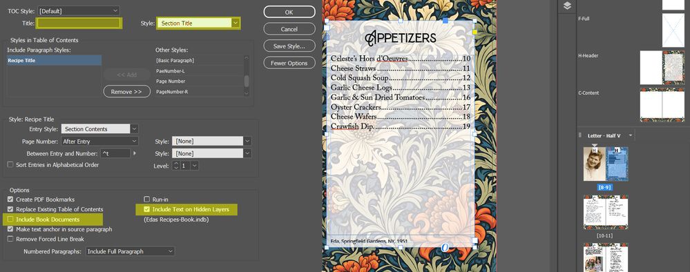 Figure 1 - Section TOC - Created by indexing only the Recipe Titles in each section.