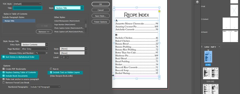 Figure 3 - Index TOC - Created by indexing all of the Recipe Titles alphabetically in the entire book.