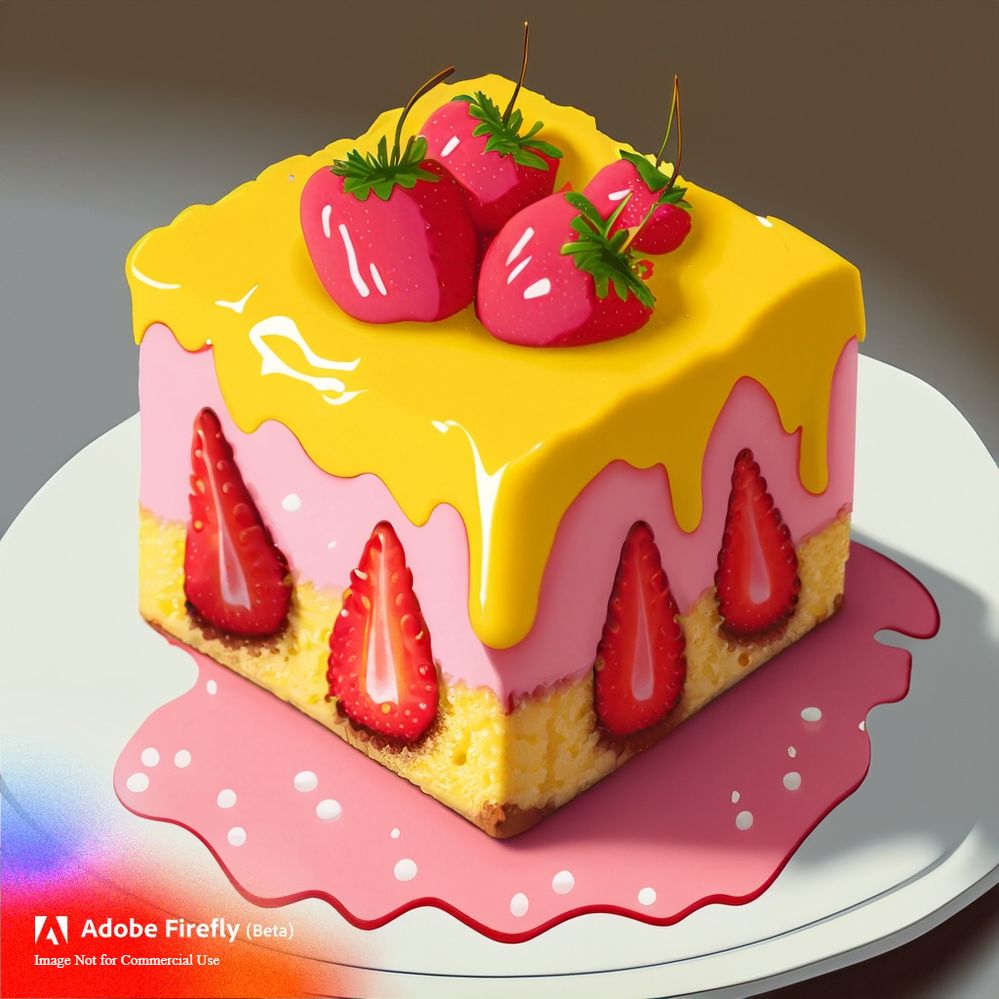 Firefly A cube-shaped yellow cake with pink strawberry frosting with wavy drizzles with fresh strawb (1).jpg