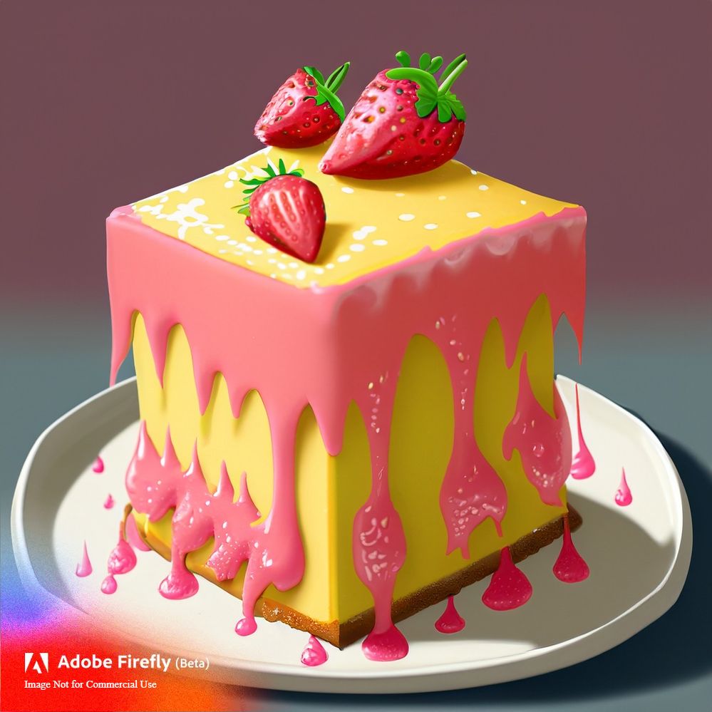 Firefly A cube-shaped yellow cake with pink strawberry frosting with wavy drizzles with fresh strawb.jpg