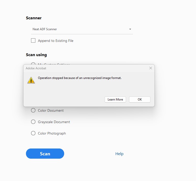 Cannot create pdf from scanner - Adobe Community - 14024430