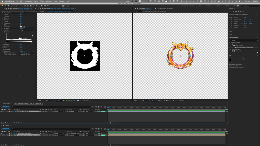 Effects > Color Correction > Black & White and Effects > Color Correction > Levels used to create Luma Matte in a pre-Comp