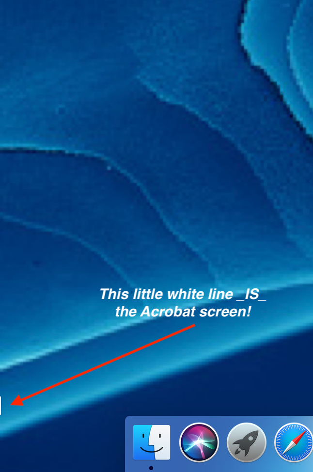 I sometimes did not see the Acrobat window. I tried many things before I noticed a tiny vertical white line on the very edge of my screen which turns out to be the window. Please see the attached screenshot, complete with an arrow and some words. Now that I know about this new "feature" in Acrobat, I am able to find the little white line and expand it to a proper window.