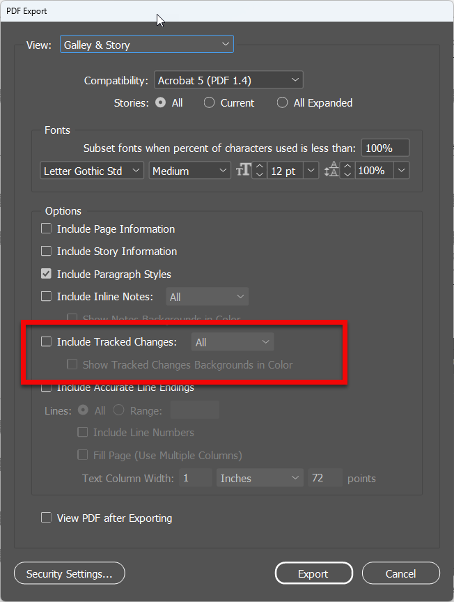 InCopy PDF export dialog