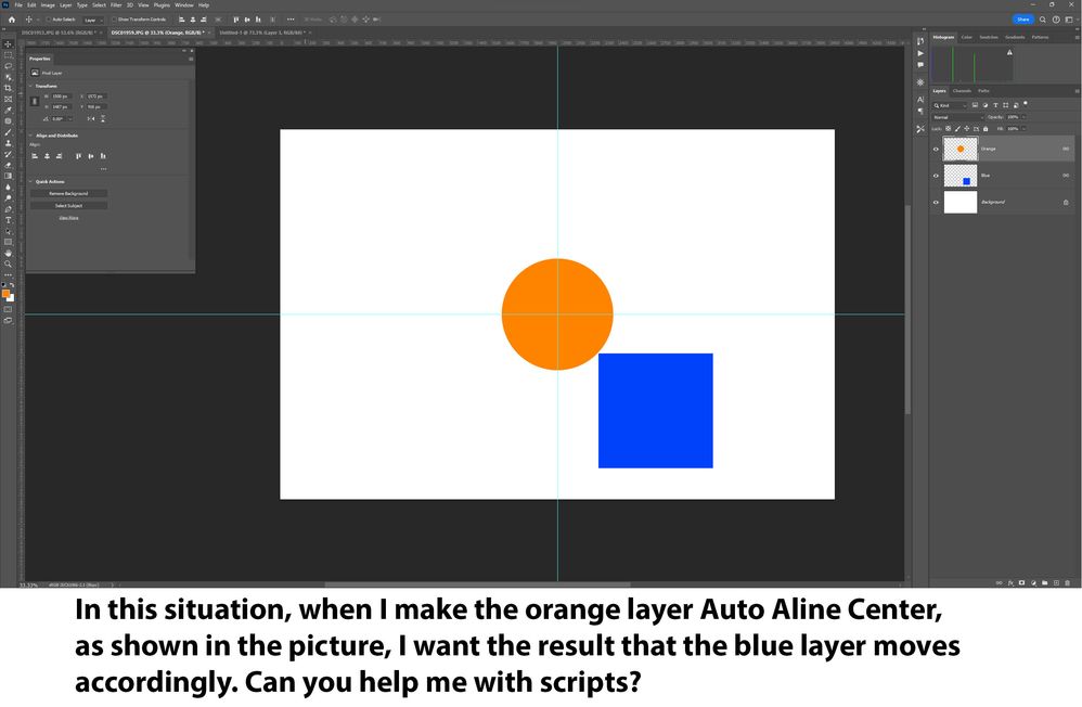 In this situation, when I make the orange layer Auto Aline Center,  as shown in the picture, I want the result that the blue layer moves  accordingly. Can you help me with scripts?