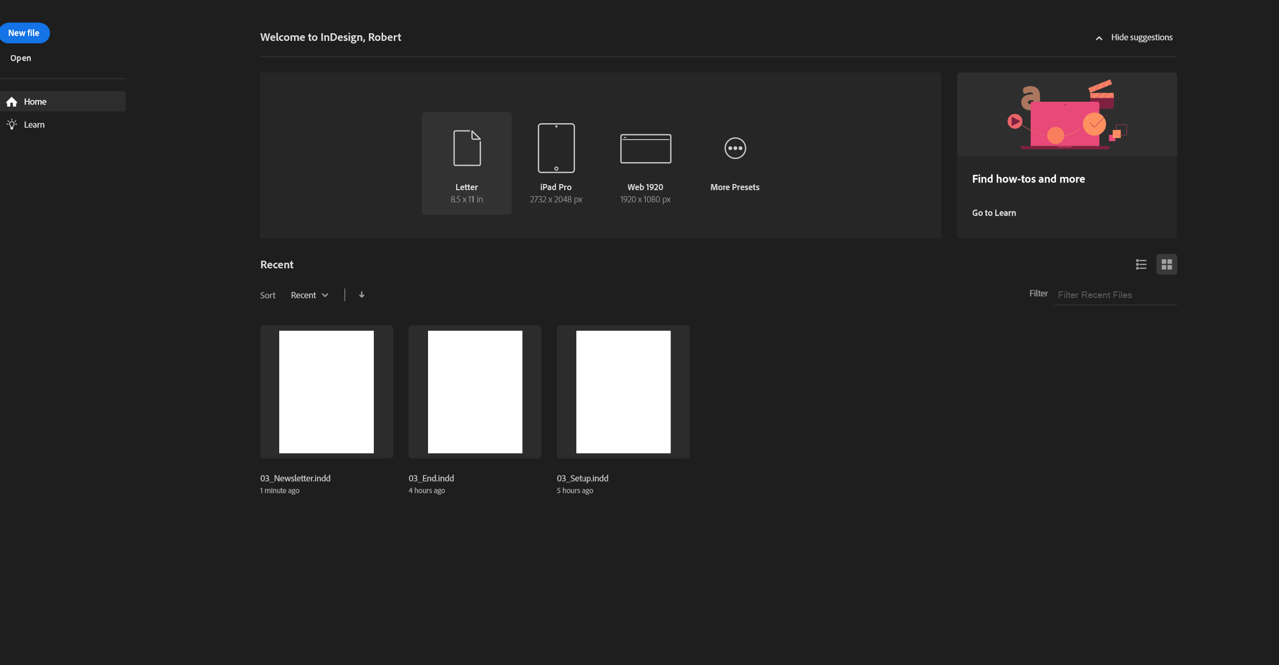 Indesign Home screen not displaying graphical thum... Adobe Community