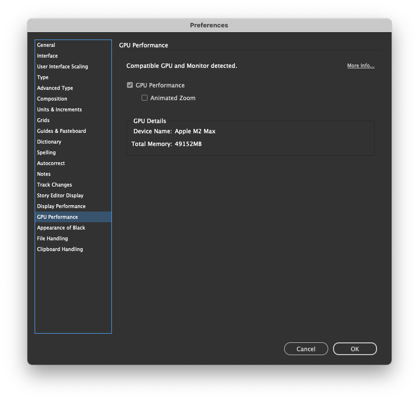 GPU Performance in InDesign Preferences menu