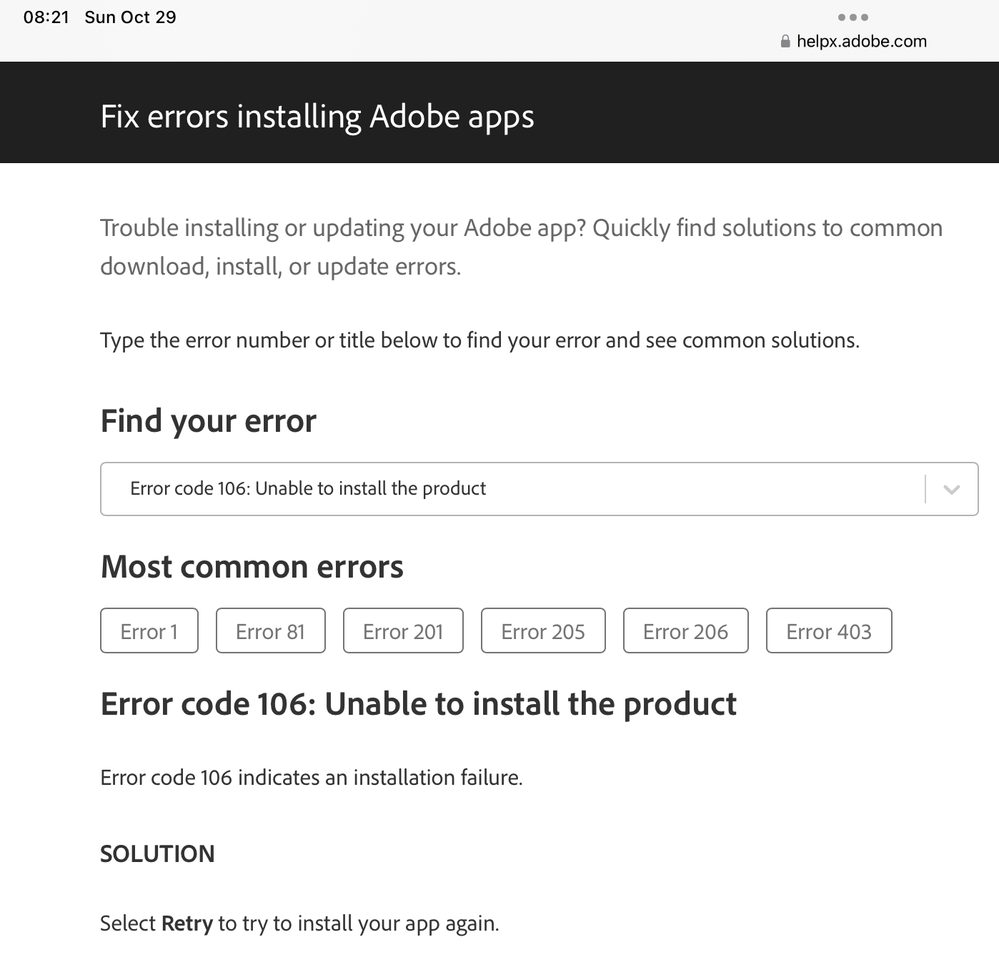 Solved: Error Code 106 - Adobe Community - 12051825