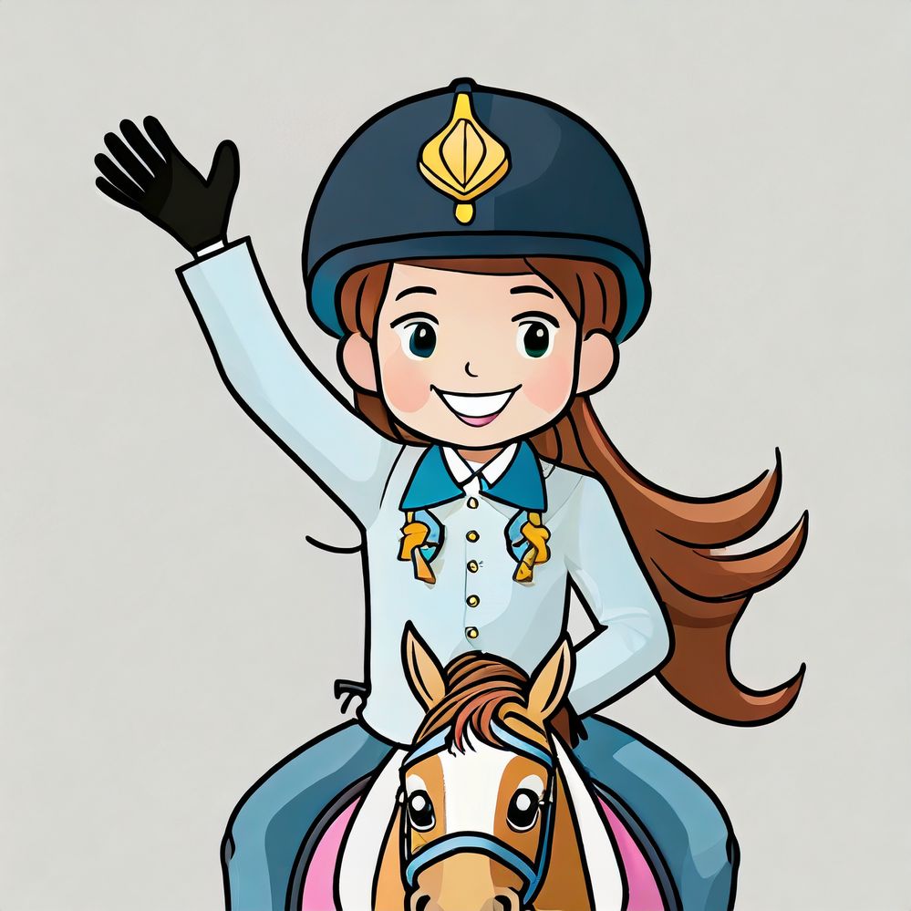 Firefly un cavalier enfant heureux avec un casque noir assis sur son cheval de face tiens une main e.jpg