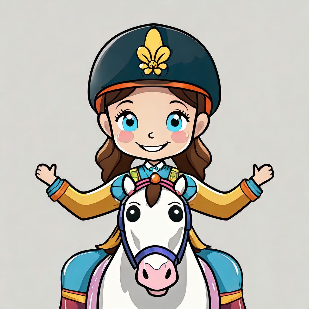 Firefly un cavalier enfant heureux avec un casque noir assis sur son cheval de face les bras tendu à.jpg