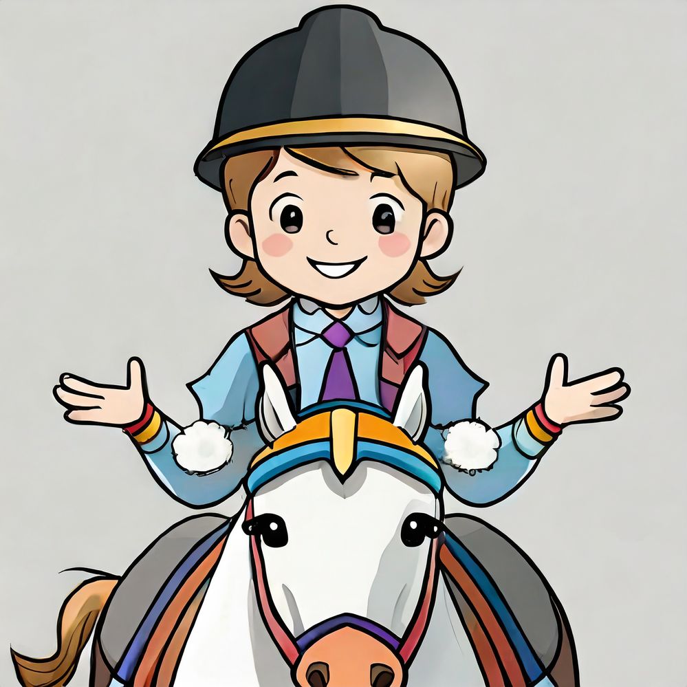 Firefly un cavalier enfant heureux avec un casque noir assis sur son cheval de face les bras tendu à (1).jpg