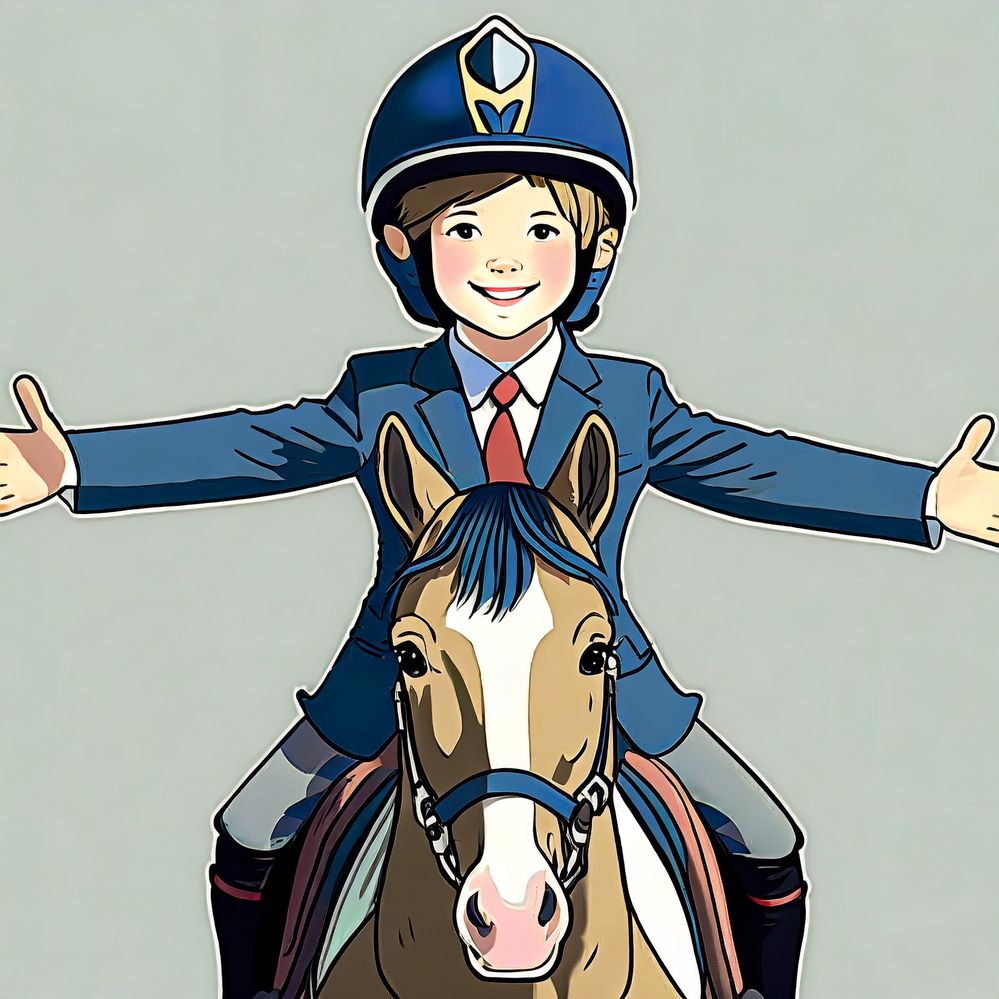 Firefly Un cavalier enfant heureux avec un casque noir sur la tête assis sur son cheval de face se t (1).jpg