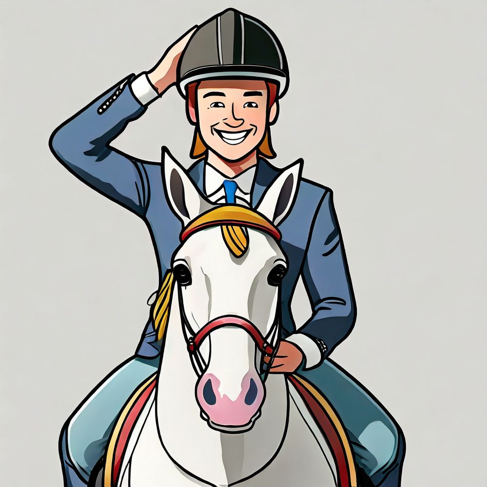Firefly un cavalier heureux avec un casque noir assis sur son cheval de face tiens une main en l'air (1).jpg