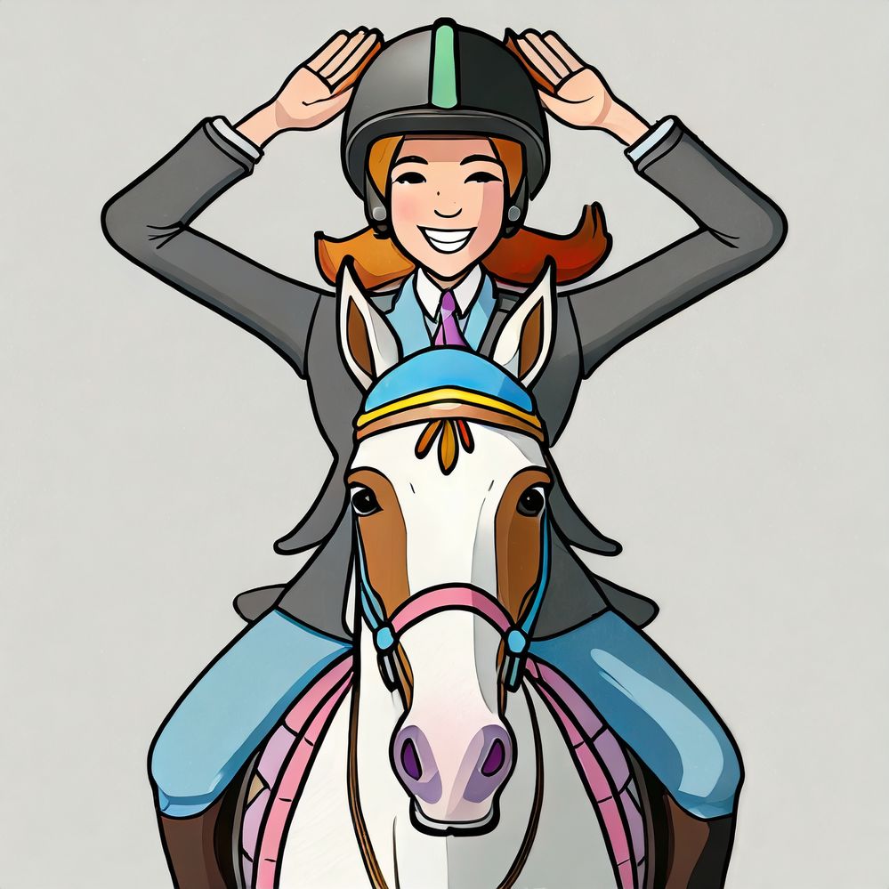 Firefly un cavalier heureux avec un casque noir assis sur son cheval de face tiens une main en l'air.jpg