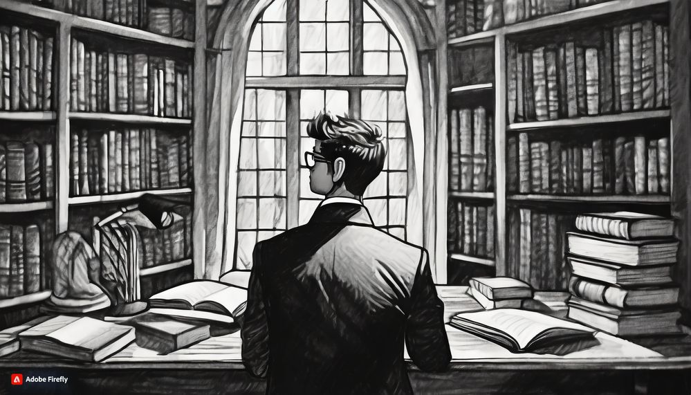 Firefly Pintura de un hombre joven con lentes de espaldas en su biblioteca en blanco y negro. 82531.jpg