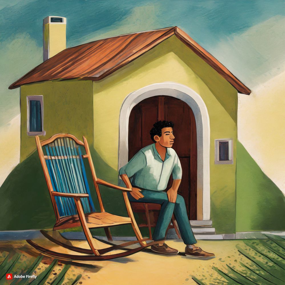 Firefly Hombre atrapado en una pintura de una casa con una mecedora a lado. 50798.jpg