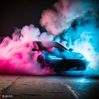 Firefly a supra coming from smoke while drifting with a black bakround and light blue and pink smoke.jpg
