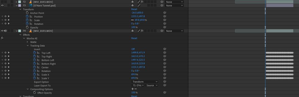 AE layers 74 has tracking data, layer 73 does not.
