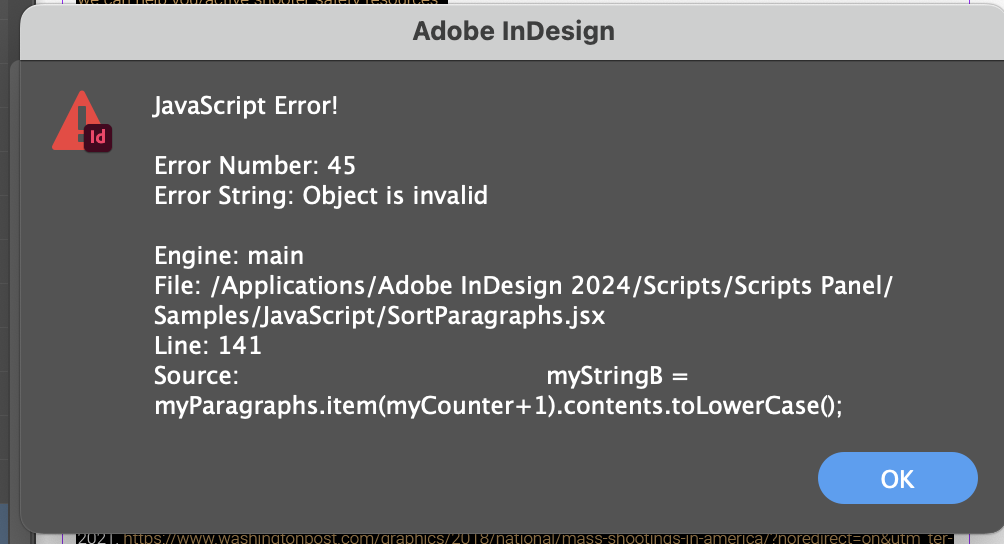 InDesign 2024 crashing when trying to run script Adobe Community