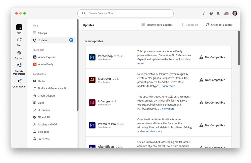 Pictured: Creative Cloud Desktop > Apps > Updates