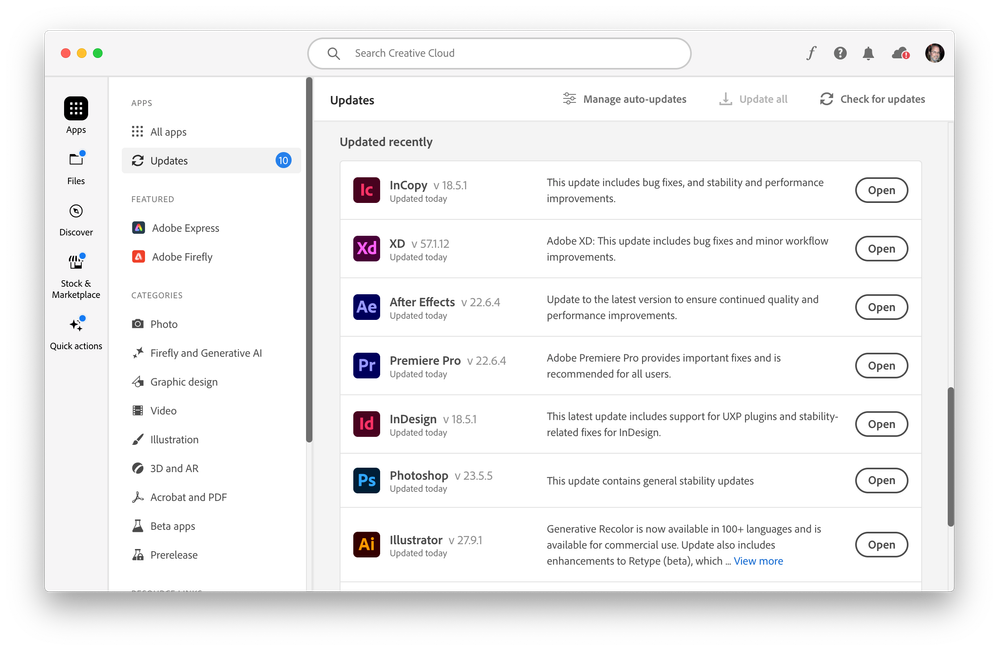 Pictured: Creative Cloud Desktop > Apps > Updated Recently