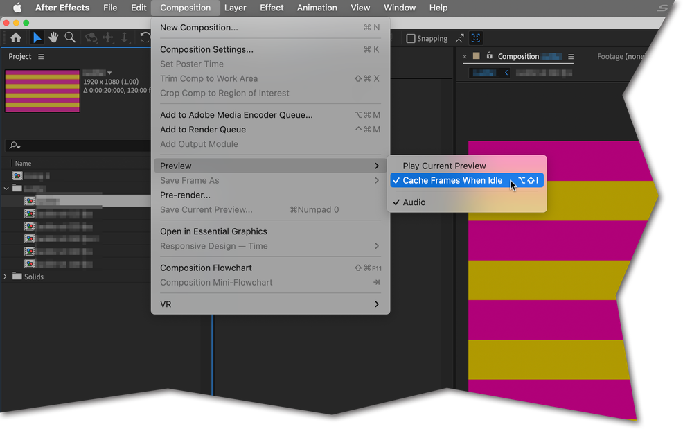 Pictured:  After Effects 2023, Composition > Preview > Cache Frames While idle