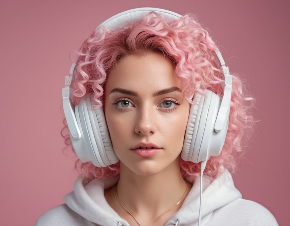 beautiful young girl with pink hair wears white headphones modern style millenials, background pink.jpg