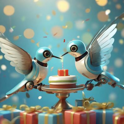 Firefly two humming bird like robots celebrating a birthday - one robot handing a cake to the other .jpg