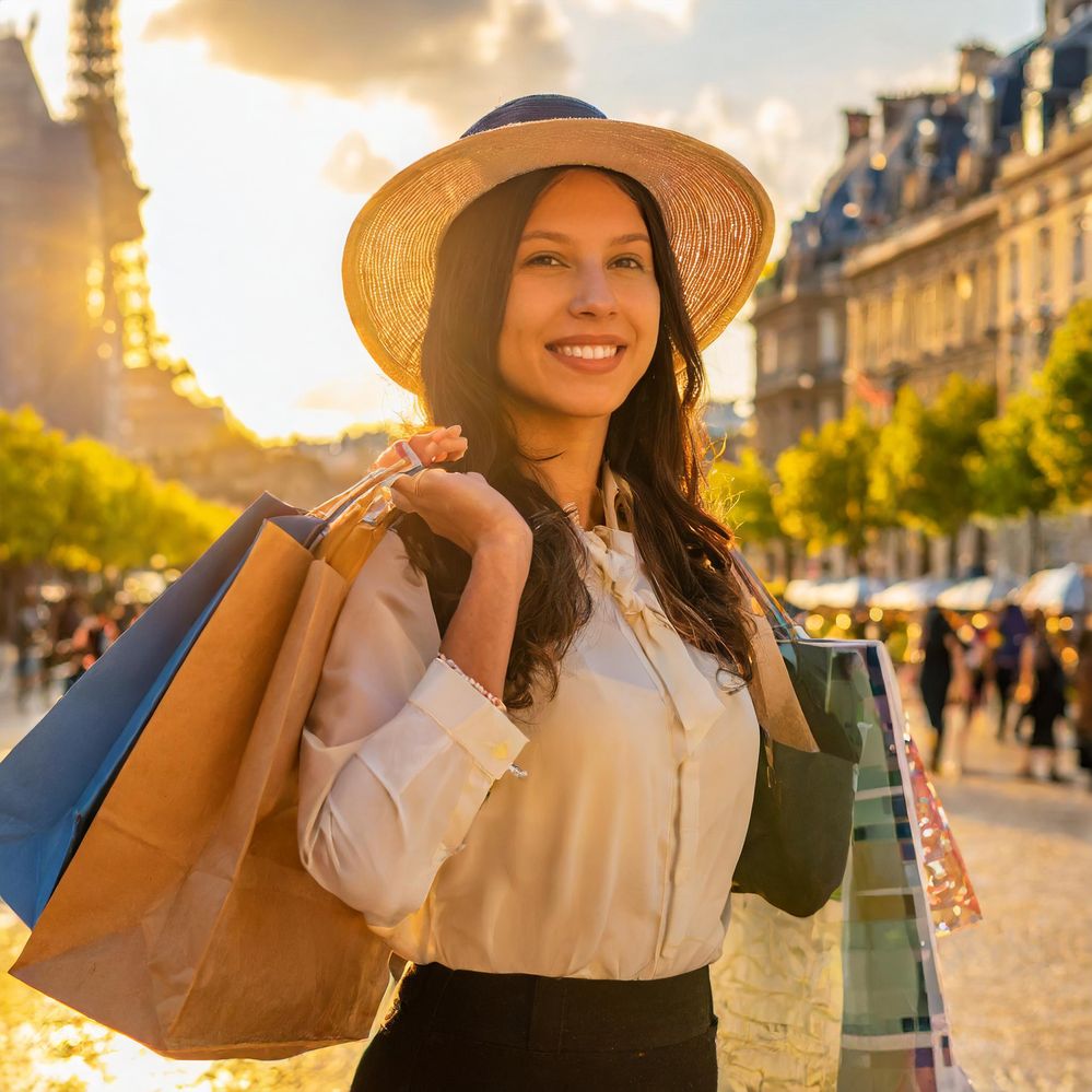 Firefly A person with hair in clothing and wide hat with shopping bags in central Paris, Eiffel towe.jpg