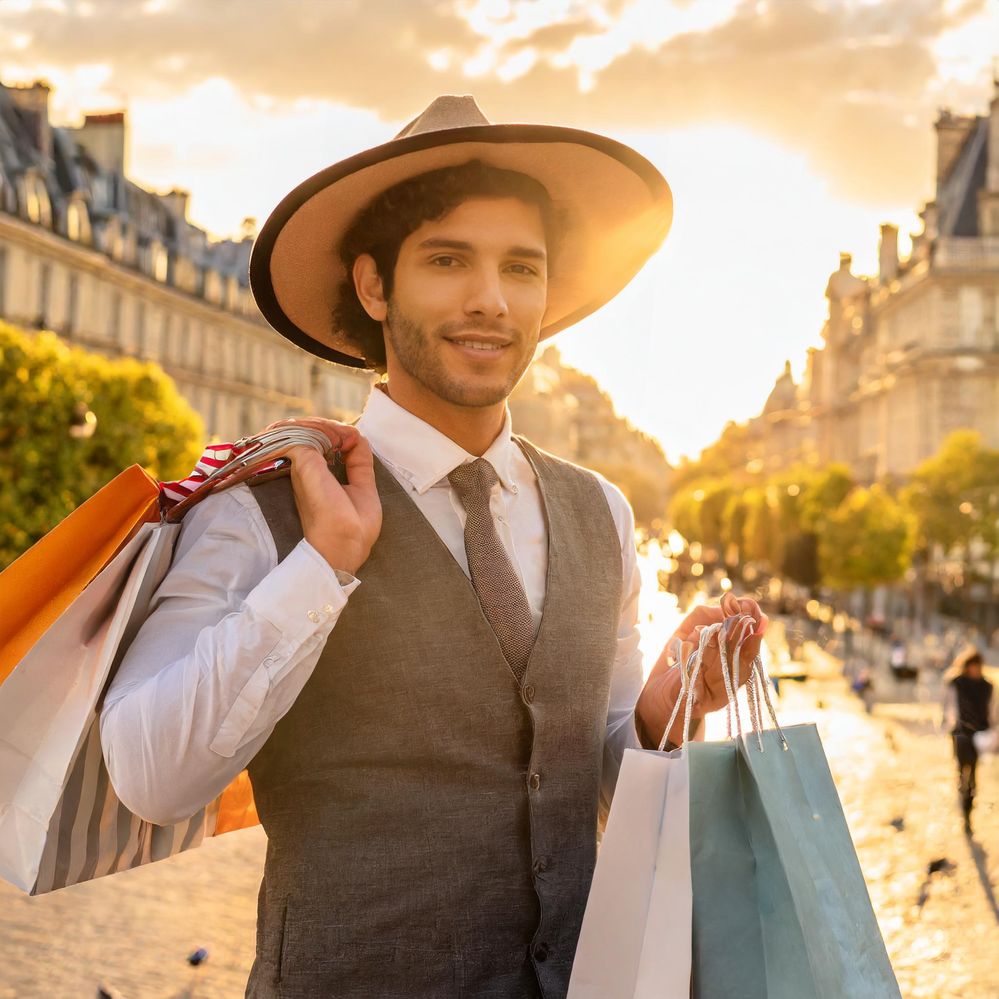 Firefly A person with hair in clothing and wide hat with shopping bags in central Paris, Eiffel towe3.jpg