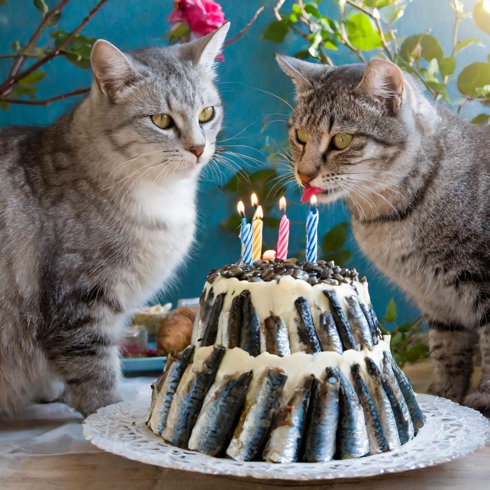 Firefly two cats eating a large birthday cake made of sardines 61998.jpg