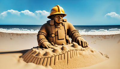 Firefly sand sculpture firefighter in turnout gear completely formed and covered with sand on beach .jpg