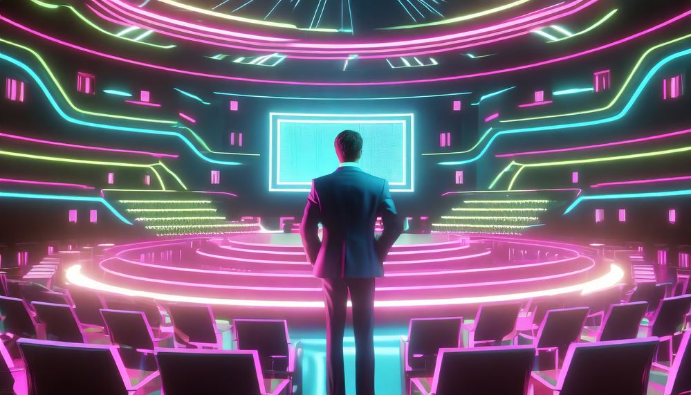 Firefly corporate speaker standing on a decorated semicircle stage, spotlights, screen in background(4).jpg